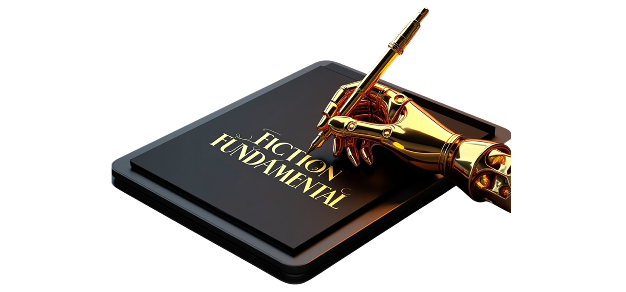 An open notebook with story ideas and a laptop showing a fiction writing course.